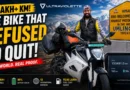 Ultraviolette F77 electric motorcycle with 153491 km odometer reading at Umling La mountain pass featuring rider and long-term ownership milestone.