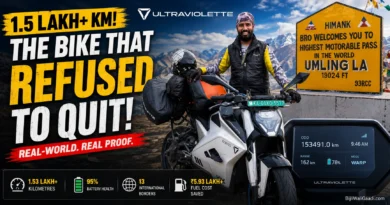 Ultraviolette F77 electric motorcycle with 153491 km odometer reading at Umling La mountain pass featuring rider and long-term ownership milestone.