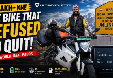 Ultraviolette F77 electric motorcycle with 153491 km odometer reading at Umling La mountain pass featuring rider and long-term ownership milestone.