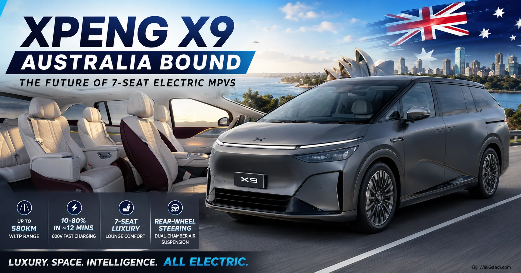 XPENG X9 Australia electric MPV with luxury seven-seat interior, 580km WLTP range, 800V fast charging and premium family EV showcased for the Australian market.