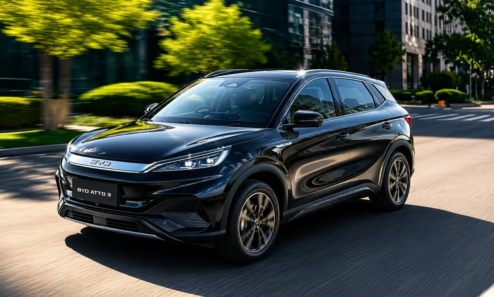 BYD Atto 3 electric SUV driving on an urban road