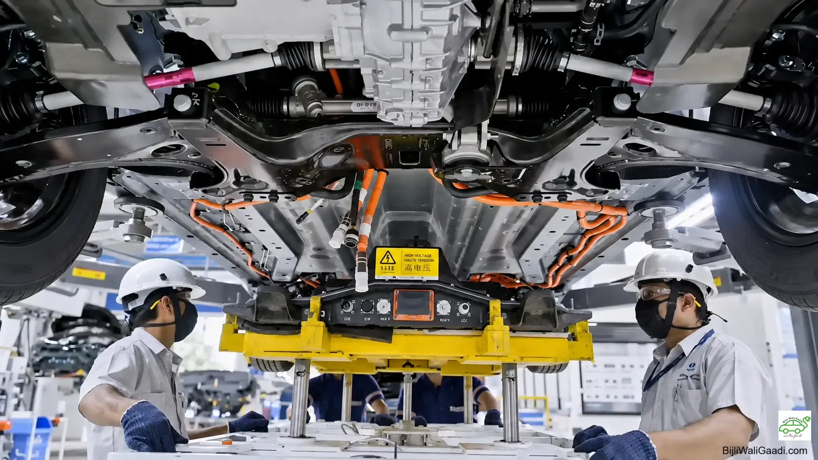 High-definition image of TATA NEXON EV underbody showing the battery pack, orange high-voltage cables, suspension components, and technicians inspecting the EV during final assembly of the HV Battery pack in a manufacturing plant.