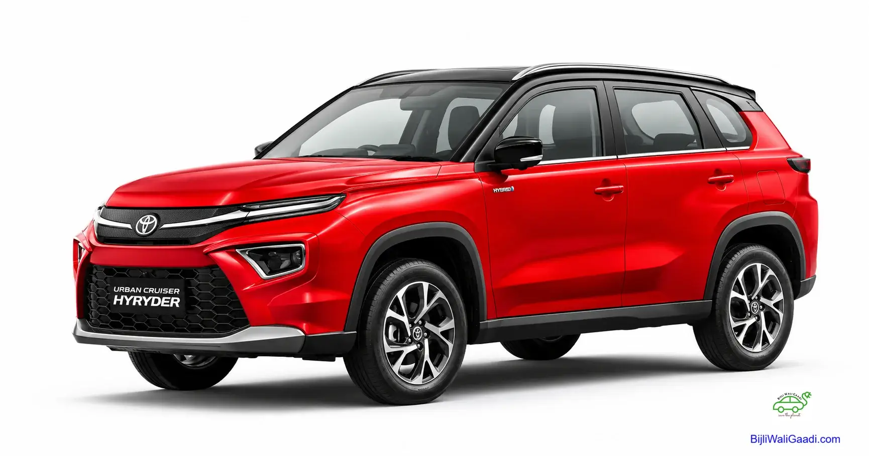 Red Toyota Urban Cruiser Hyryder Hybrid SUV shown in a three-quarter front view on a clean white background.