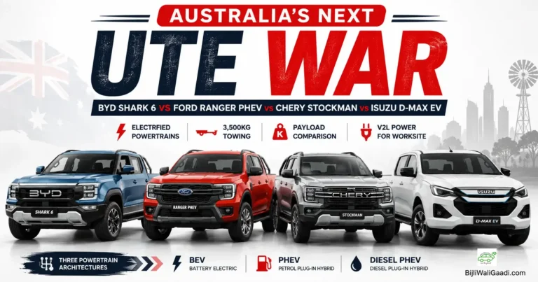 Australia’s next electrified ute comparison featuring BYD Shark 6, Ford Ranger PHEV, Chery Stockman and Isuzu D-Max EV