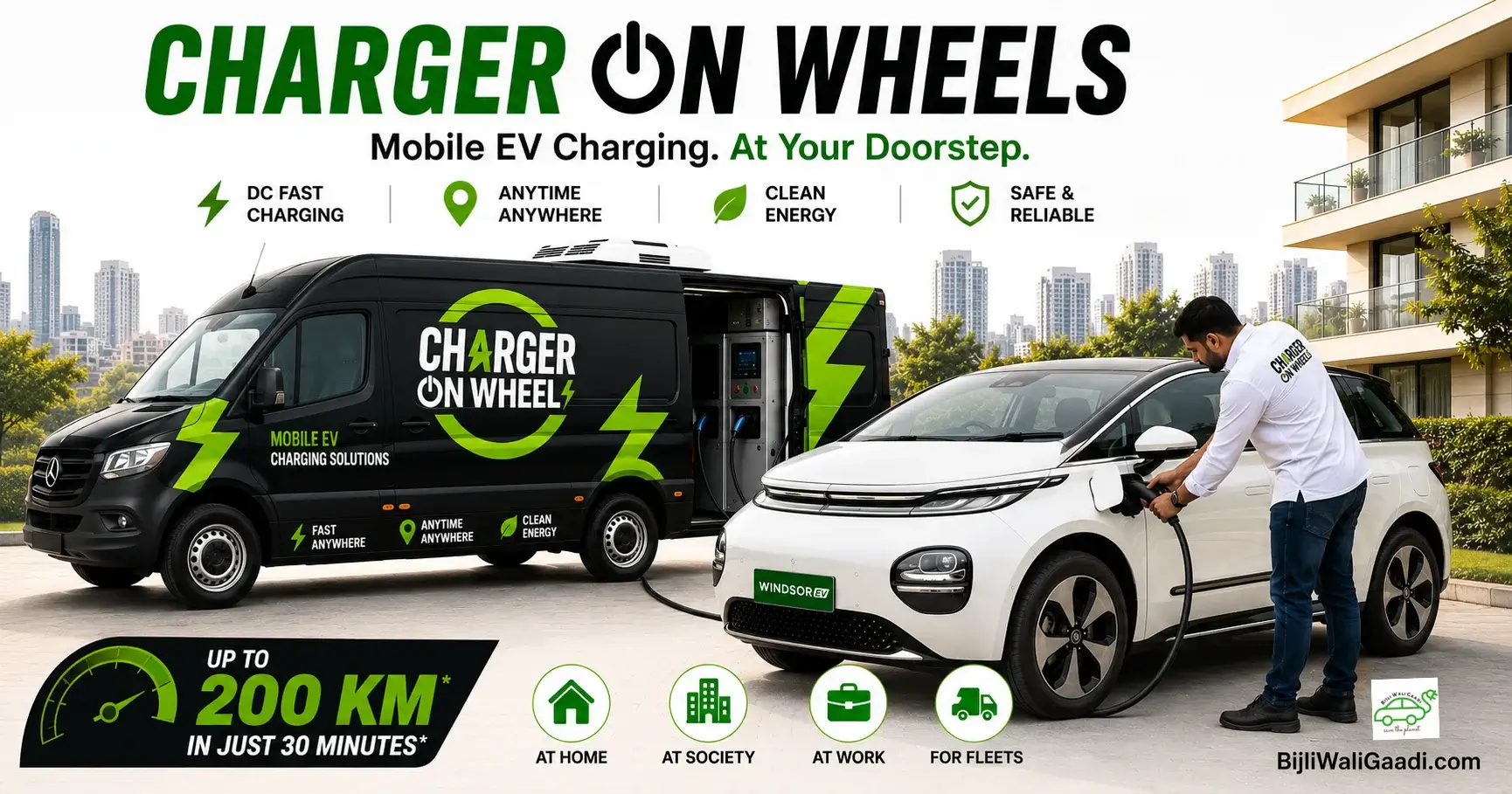 Charger On Wheels mobile EV charging van charging an MG Windsor EV with a technician connecting the charging gun