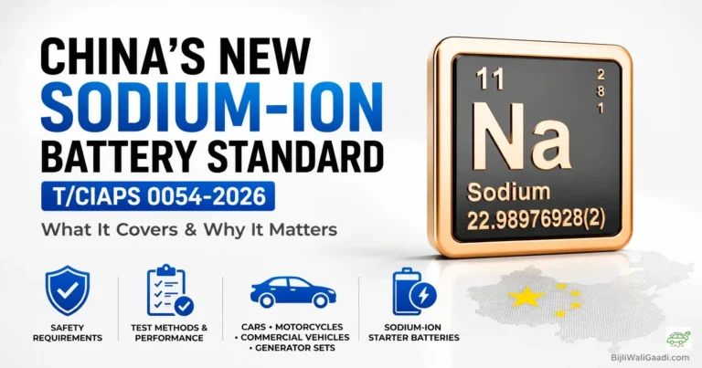 Infographic highlighting China's T/CIAPS 0054-2026 sodium-ion battery safety and performance standard alongside the periodic element tile for Sodium (Na).
