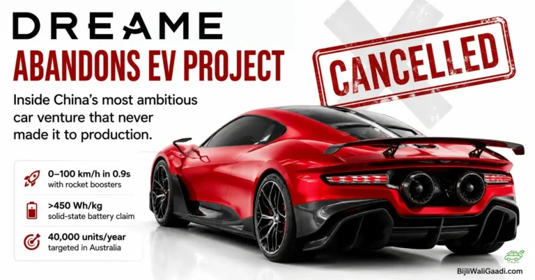 Sleek red electric supercar with rear rocket thruster outlets stamped with a red CANCELLED graphic, highlighting Dreame's abandoned EV project.