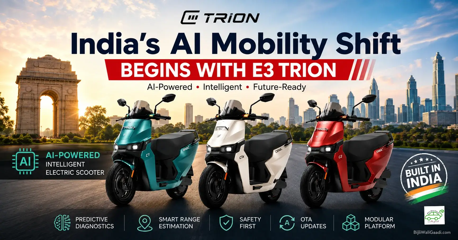 E3 Electric.AI TRION C1, C1X and C2 intelligent electric scooters showcased against an Indian cityscape with the headline "India's AI-Defined Mobility Era Begins with E3 TRION" highlighting AI-powered connected mobility.