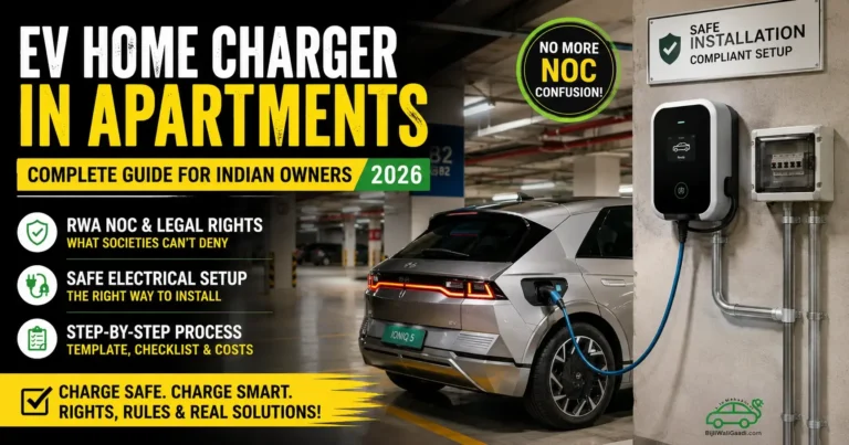Featured image showing a realistic electric car charging in an Indian apartment basement parking with a wall-mounted EV charger. The graphic highlights EV home charger installation, RWA NOC, legal rights, electrical safety, and apartment charging guide for Indian EV owners in 2026, with the BijliWaliGaadi.com logo watermark.