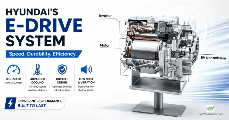 Technical graphic of Hyundai's E-Drive system illustrating the inverter, electric motor, and transmission with key feature icons for speed, cooling, durability, and low NVH.