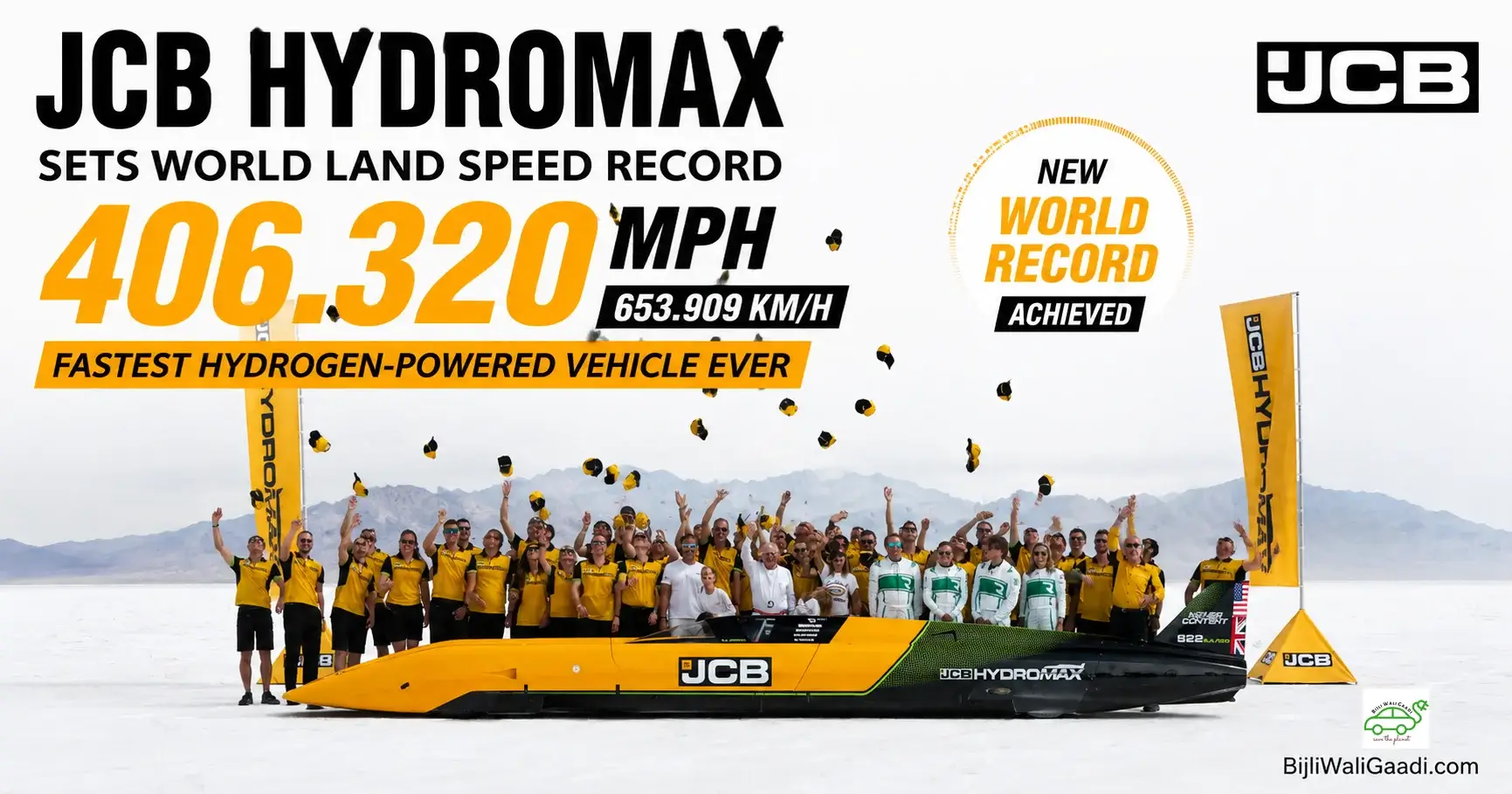 JCB HYDROMAX hydrogen-powered streamliner with the JCB team at Bonneville Salt Flats after setting a 406.320 mph world land speed record