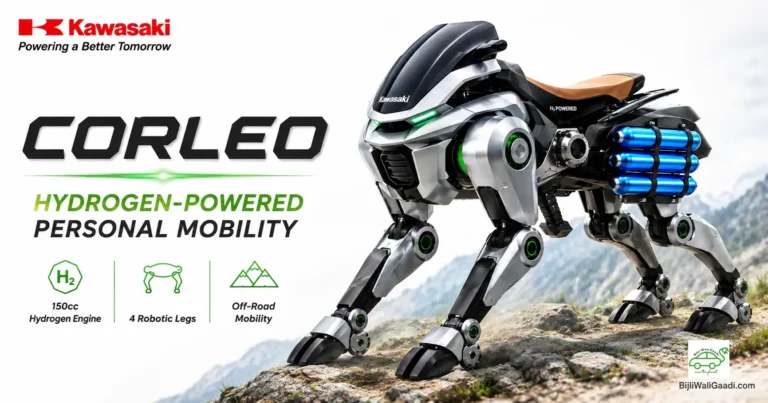 Kawasaki CORLEO hydrogen-powered personal mobility concept with blue hydrogen canisters, four robotic legs and rocky off-road terrain