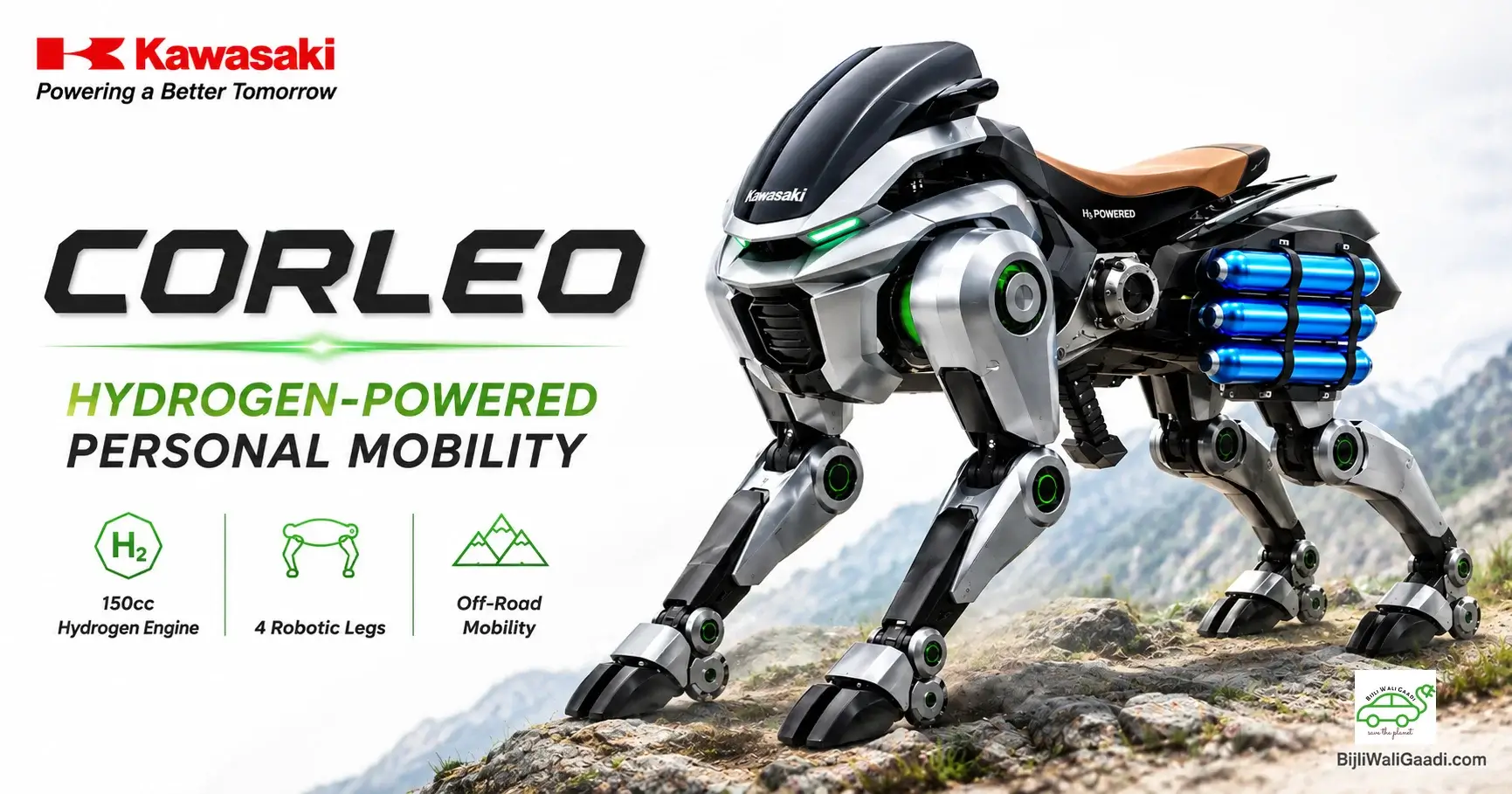 Kawasaki CORLEO hydrogen-powered personal mobility concept with blue hydrogen canisters, four robotic legs and rocky off-road terrain