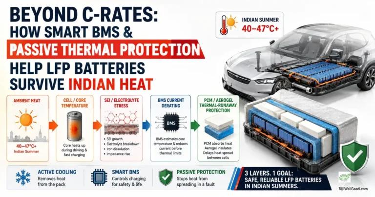 Infographic titled Beyond C-Rates showing a cutaway EV chassis and an LFP battery pack with a 5-step flow chart illustrating ambient heat, core temperature stress, SEI growth, BMS derating, and aerogel thermal protection.