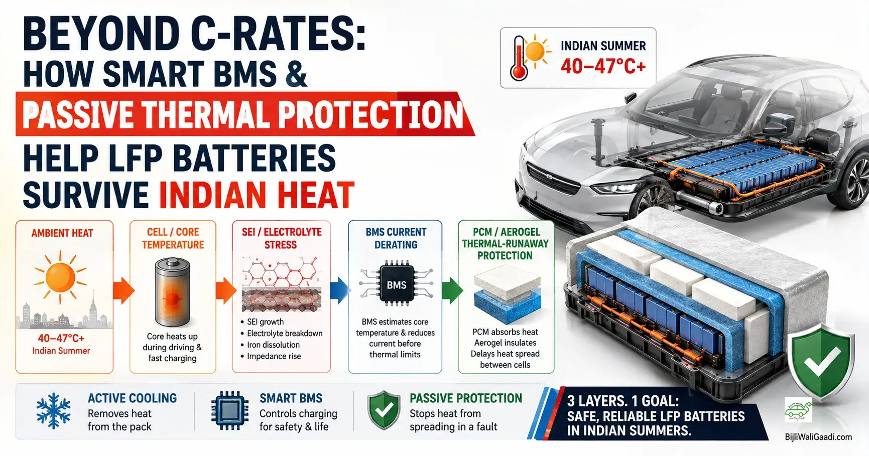 Infographic titled Beyond C-Rates showing a cutaway EV chassis and an LFP battery pack with a 5-step flow chart illustrating ambient heat, core temperature stress, SEI growth, BMS derating, and aerogel thermal protection.