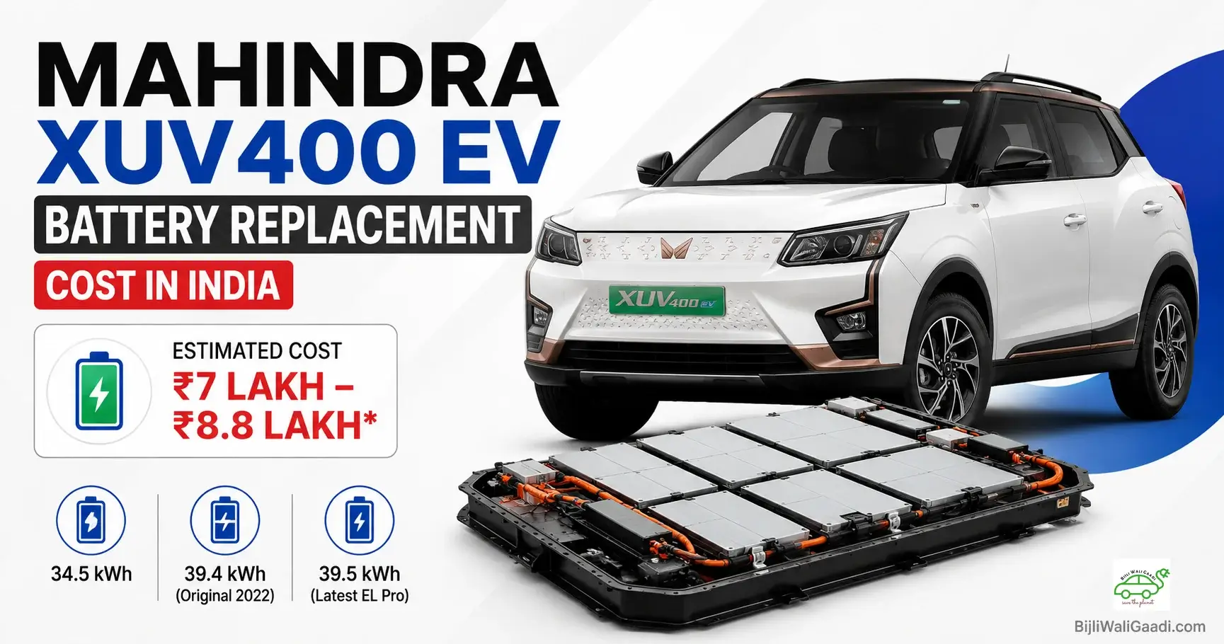 Mahindra XUV400 EV with high-voltage battery pack showing estimated battery replacement cost of ₹7–₹8.8 lakh and 34.5 kWh, 39.4 kWh and 39.5 kWh battery capacities in India.