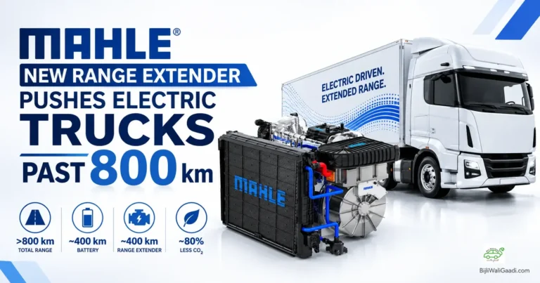 MAHLE new range extender for electric trucks shown with a white electric truck, designed to deliver more than 800 km of total range with approximately 400 km battery range and 400 km range-extender contribution.