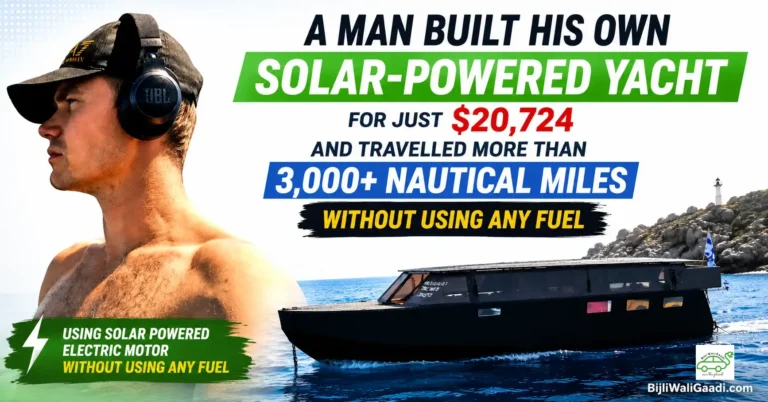 Man standing beside his DIY solar-powered yacht that travelled more than 3,000 nautical miles for a reported $20,724 build cost