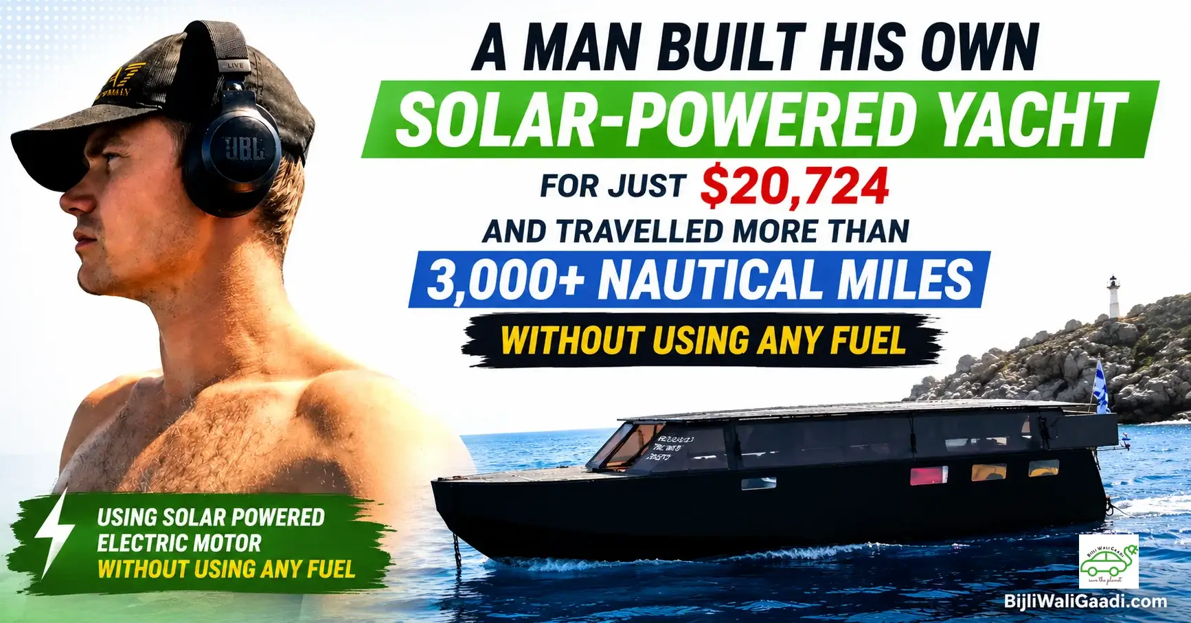 Man standing beside his DIY solar-powered yacht that travelled more than 3,000 nautical miles for a reported $20,724 build cost