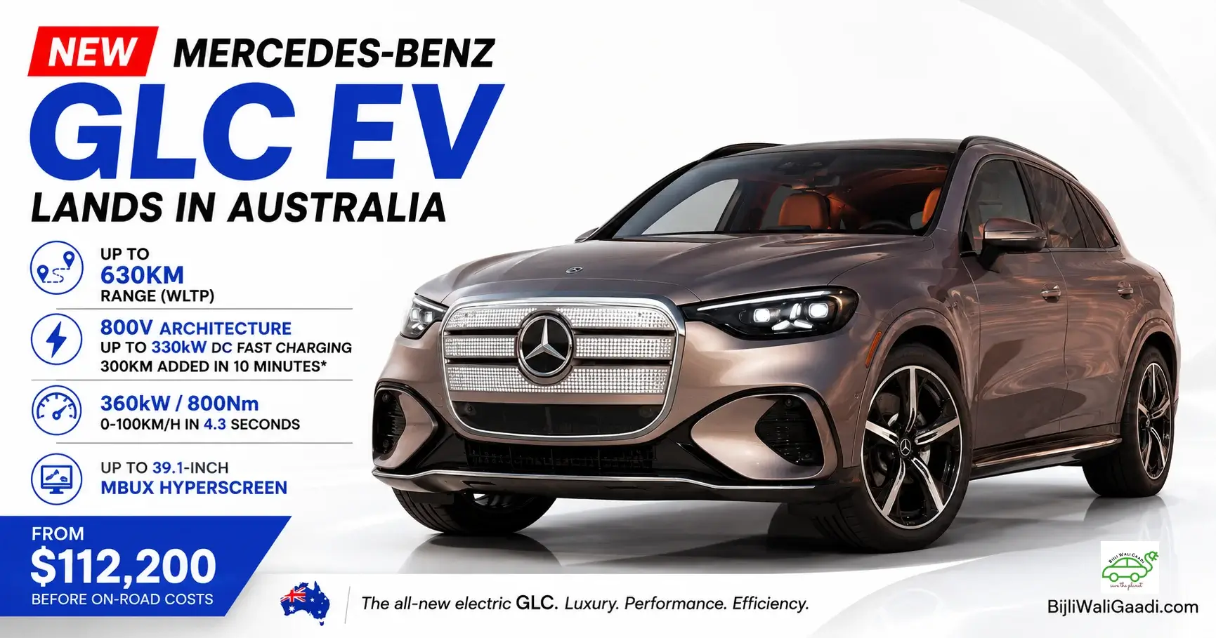 Mercedes-Benz GLC EV launched in Australia with 630km range, 800V charging and $112,200 starting price.