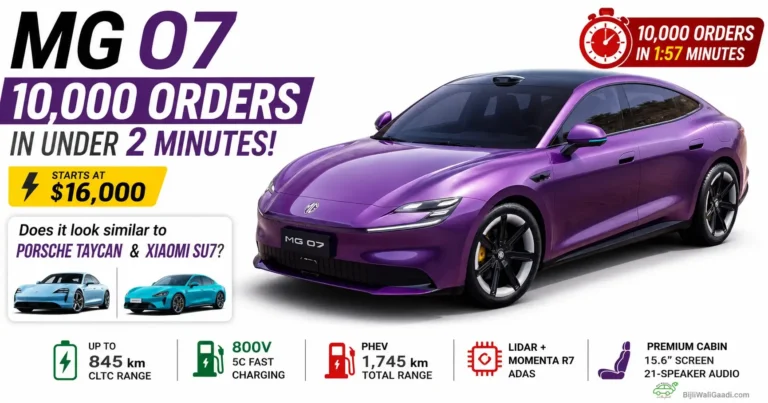Infographic of the metallic purple MG 07 sedan highlighting its $16,000 starting price, 10,000 orders record, specs like 845 km range and 800V charging, and visual comparisons to the Porsche Taycan and Xiaomi SU7.
