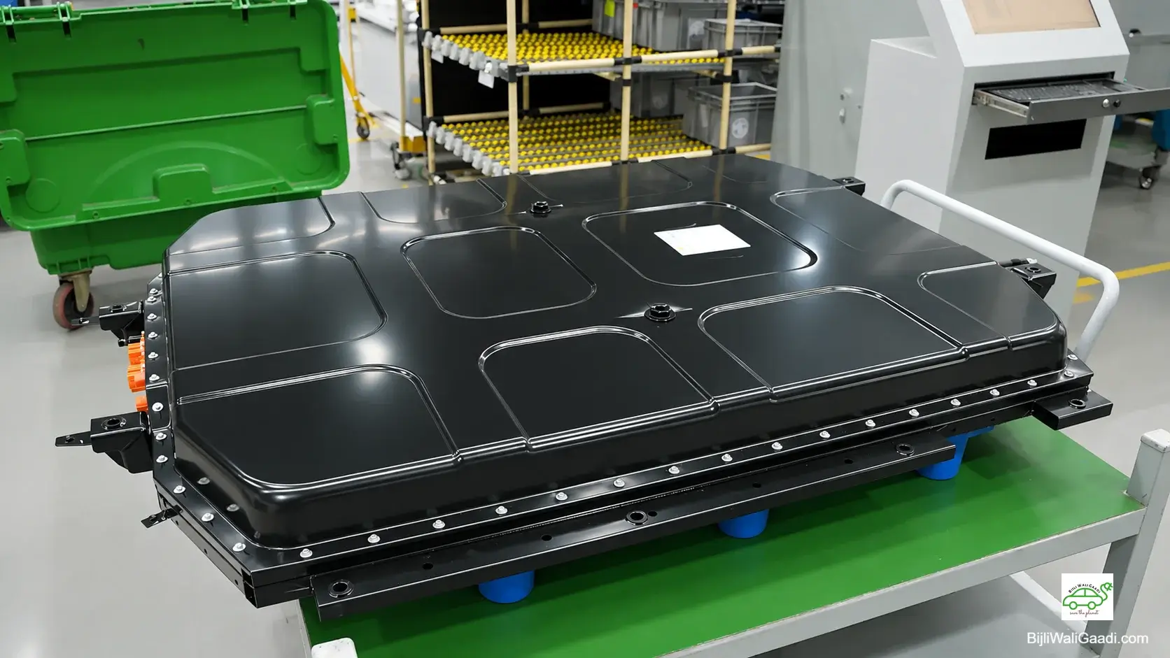Top view of an open MG EV battery pack housing on an assembly workstation inside a modern manufacturing plant.