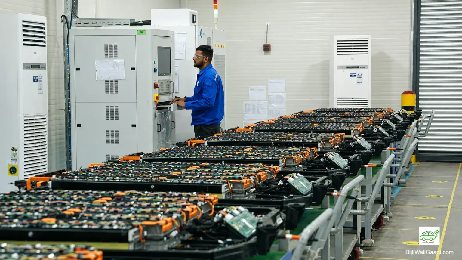 Wide-angle view of several MG EV battery packs on a manufacturing line with engineers monitoring the production process.