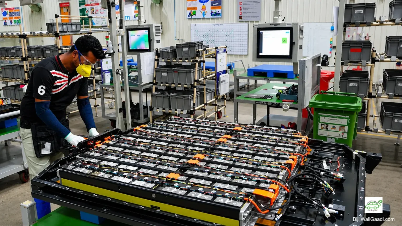 Top view of an open MG EV battery pack housing on an assembly workstation inside a modern manufacturing plant.