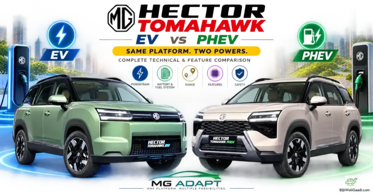 Side-by-side comparison of the green MG Hector Tomahawk EV and gold PHEV SUV variants parked next to charging stations.