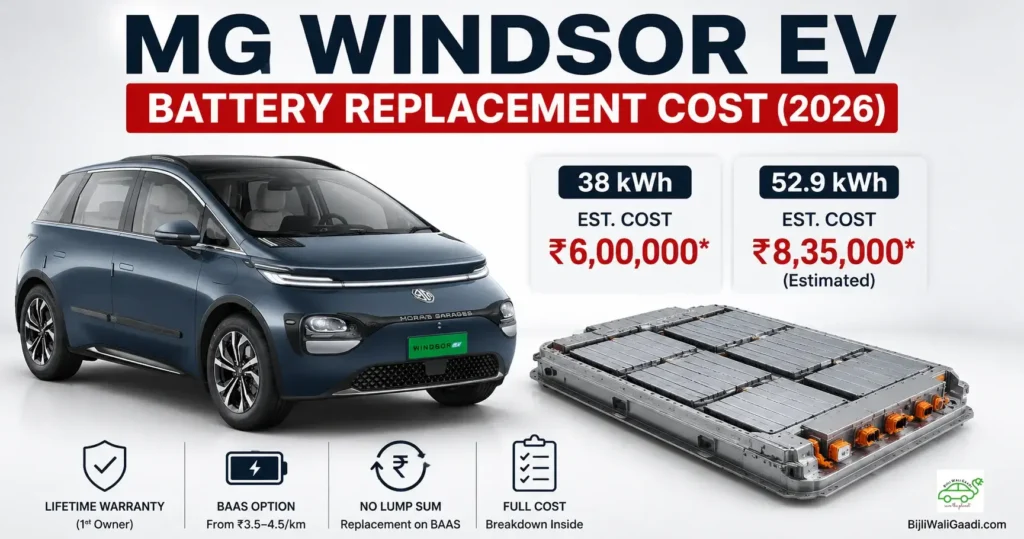 MG Windsor EV battery replacement cost 2026 for 38 kWh and 52.9 kWh batteries