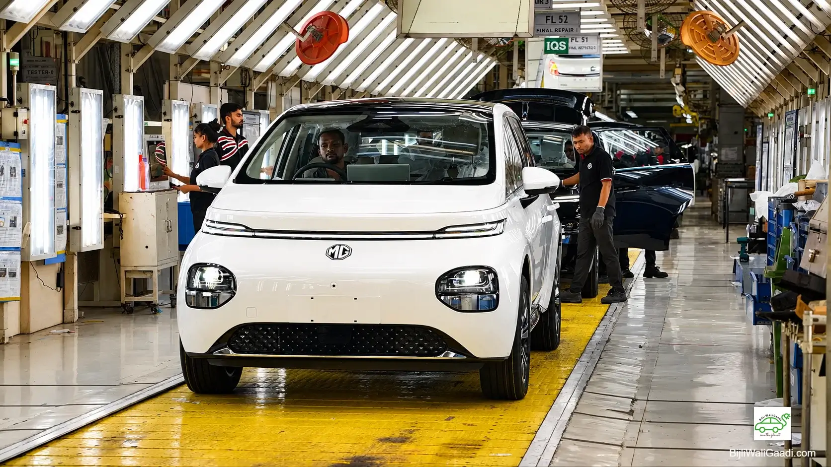 Super HD image of the MG Windsor EV Pro at the final inspection station inside MG Motor India's manufacturing plant.