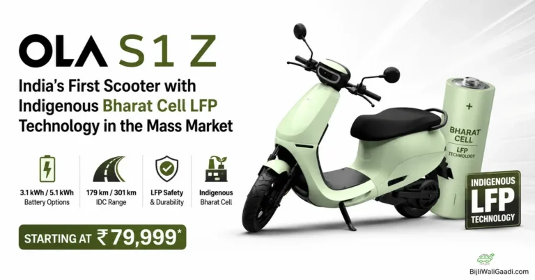 Mint green Ola S1 Z electric scooter standing next to a large cylinder-shaped green Bharat Cell battery against a white background with product specifications.