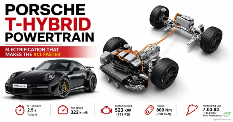 Technical diagram of the Porsche T-Hybrid powertrain architecture alongside a black Porsche 911 Turbo S and key performance statistics like 523 kW output and 2.5-second 0-100 km/h acceleration.