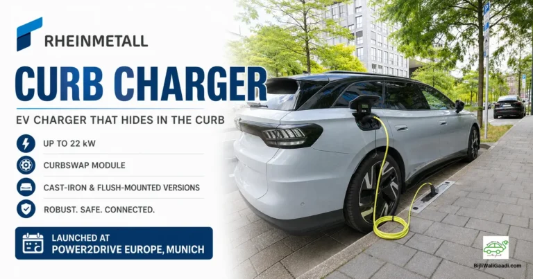 Rheinmetall Curb Charger integrated into a street curb while a silver electric car charges beside a city sidewalk