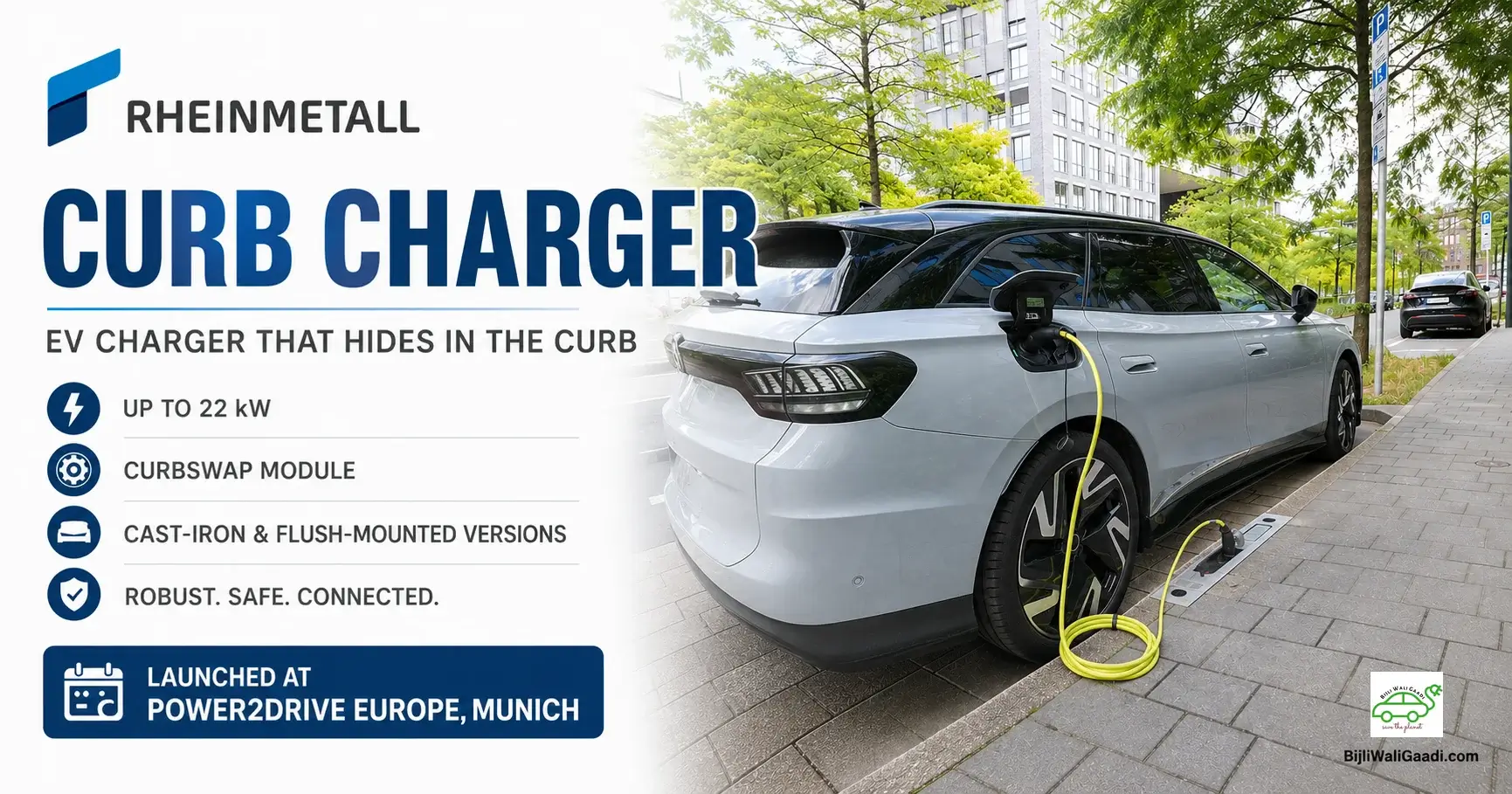 Rheinmetall Curb Charger integrated into a street curb while a silver electric car charges beside a city sidewalk