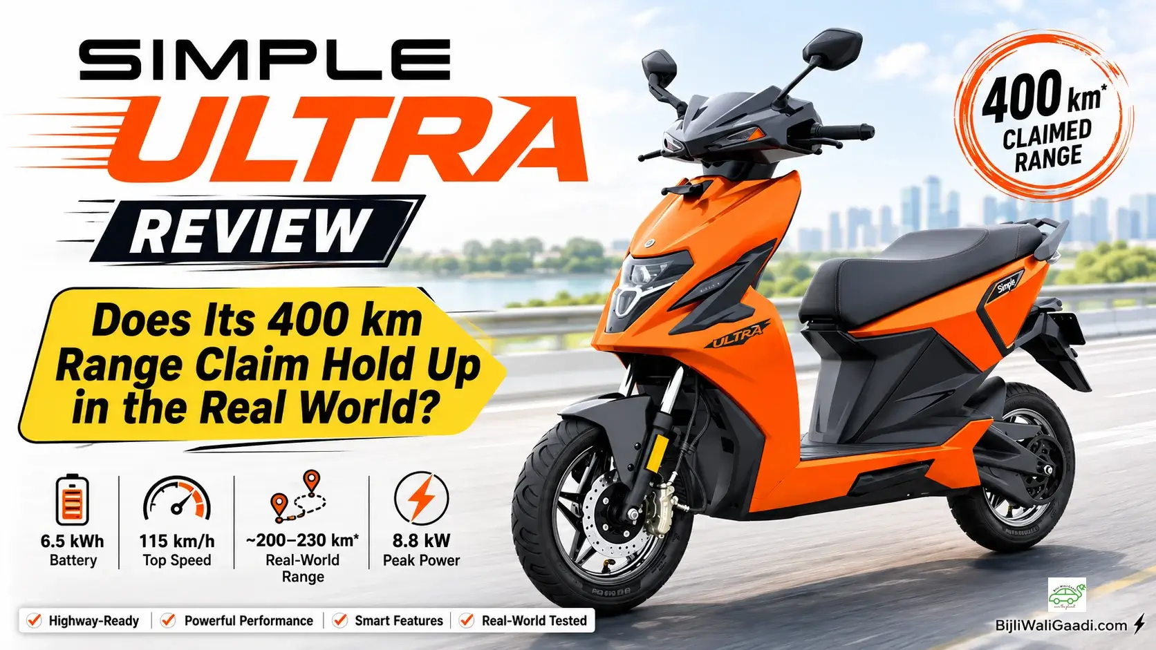 Bright orange Simple Ultra electric scooter against a highway background with key specs showing 6.5 kWh battery, 115 km/h top speed, 200-230 km real-world range, and 8.8 kW peak power.
