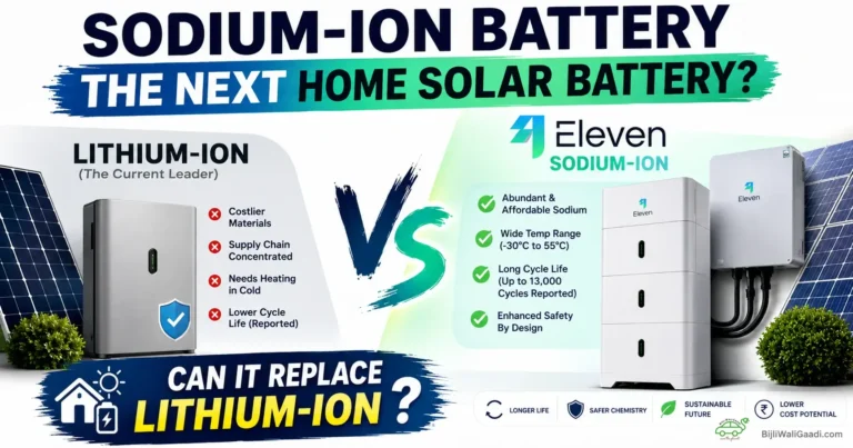 Sodium-ion vs lithium-ion home solar battery comparison showing Eleven Energy sodium-ion storage, solar panels and key technology differences