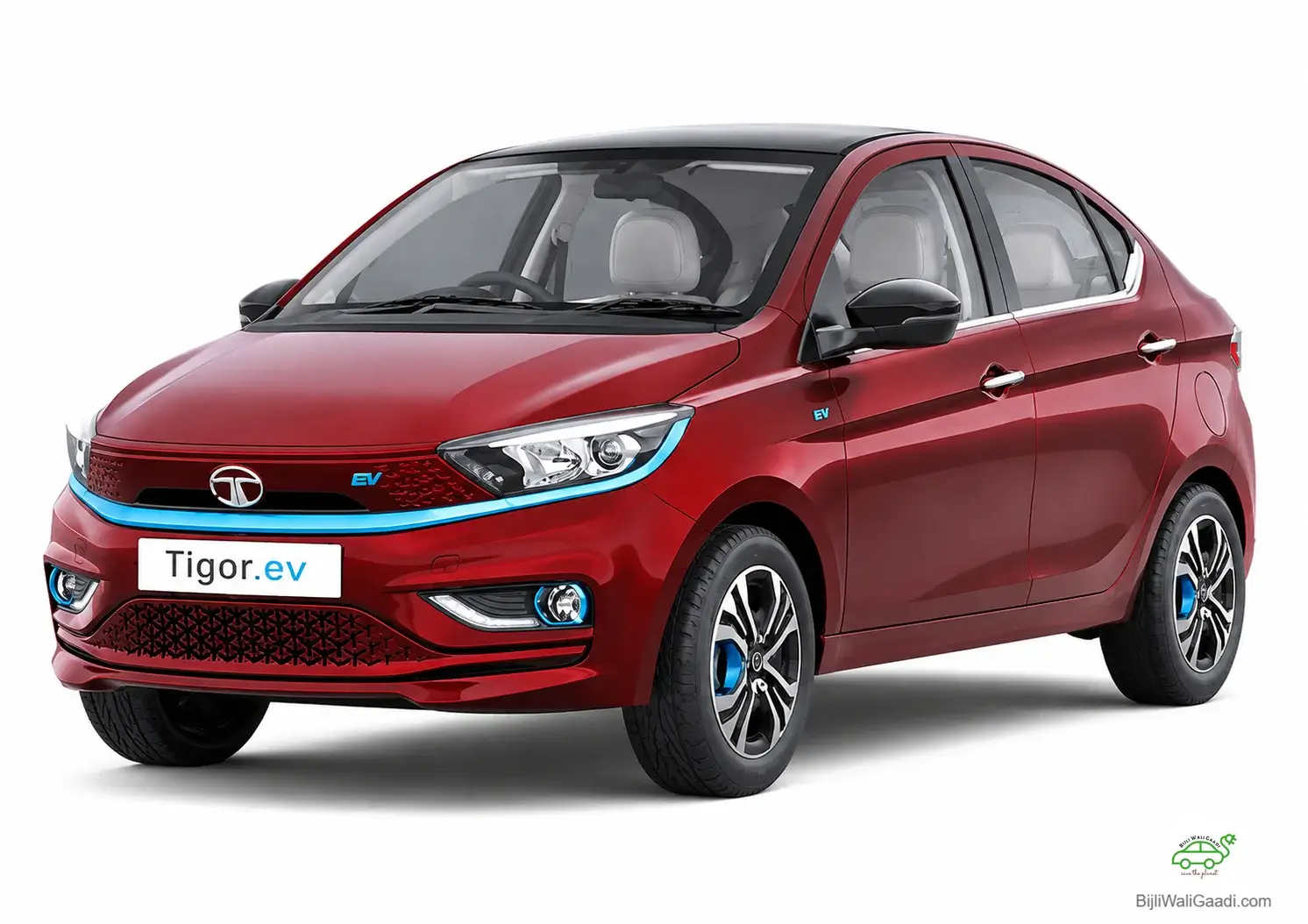 Red Tata Tigor EV electric sedan used for explaining Tata Tigor EV battery replacement cost, battery warranty, battery pack price and ownership cost in India