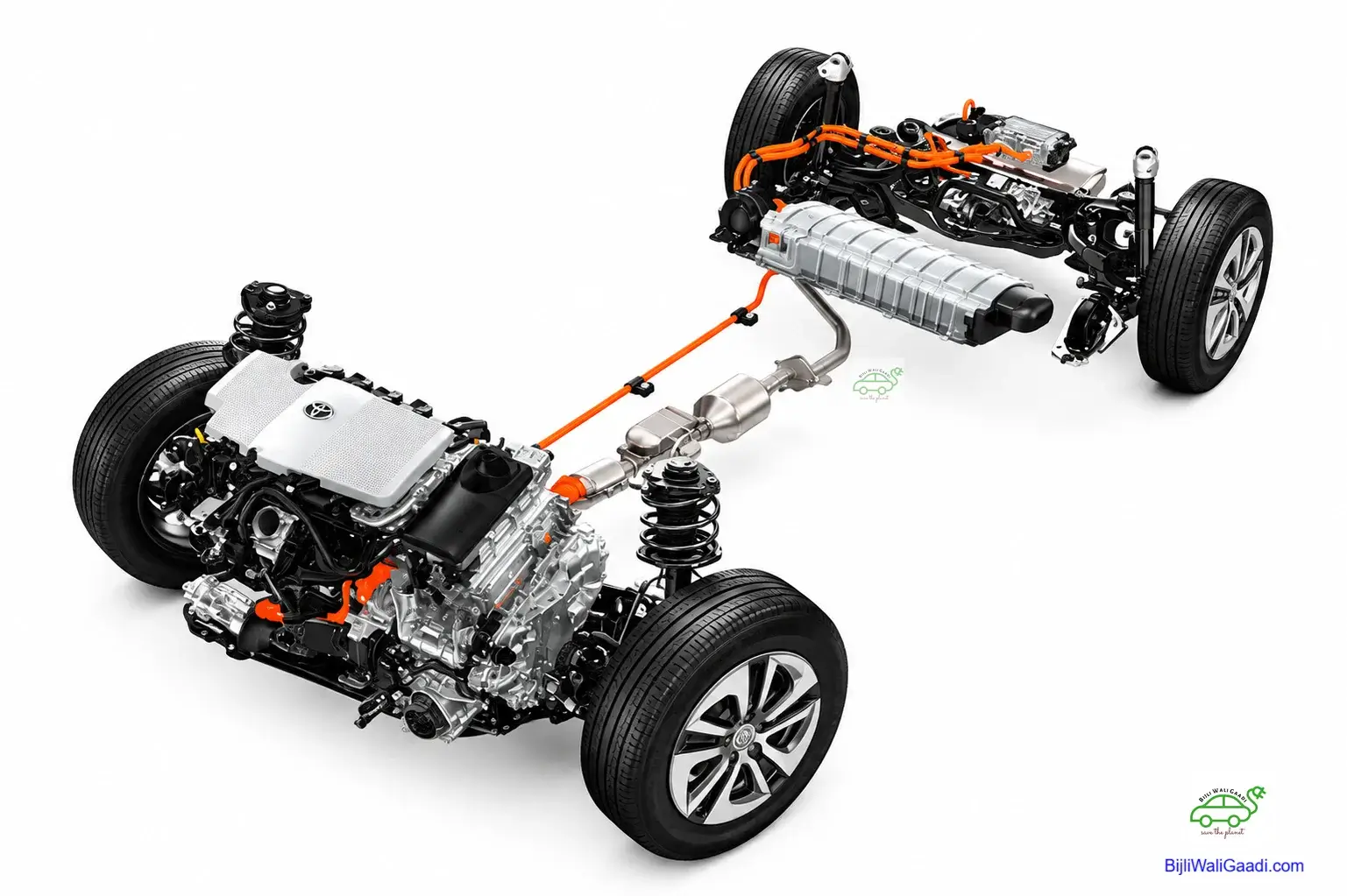 Toyota Hyryder hybrid powertrain architecture showing the petrol engine, hybrid battery pack, high-voltage orange cables, drivetrain and rear electric-drive components on a white background.