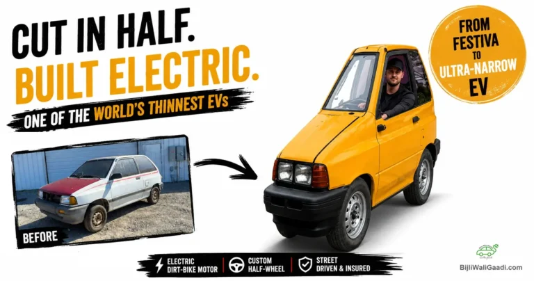 Before-and-after transformation of a 1988 Ford Festiva into an ultra-narrow electric vehicle powered by an electric dirt-bike motor.