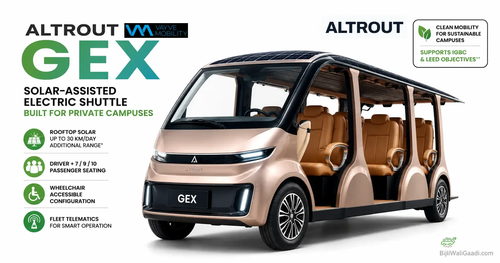 Front three-quarter view of the beige AltRout GEX solar-assisted electric campus shuttle showing its rooftop solar panels, open-side passenger seating, and key feature highlights.