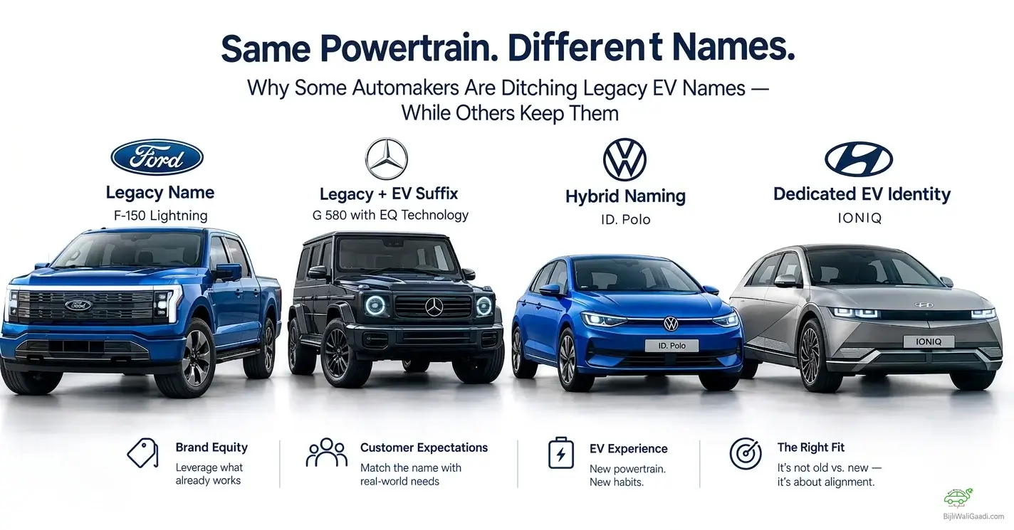 Infographic showing EV naming strategies across four automakers: Ford F-150 Lightning, Mercedes G 580, Volkswagen ID. Polo, and Hyundai IONIQ. EV naming strategy