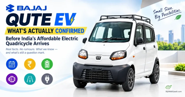 Infographic displaying a white Bajaj Qute electric quadricycle with a roof rack alongside icons representing launch date, price, battery specs, motor output, range, and charging.