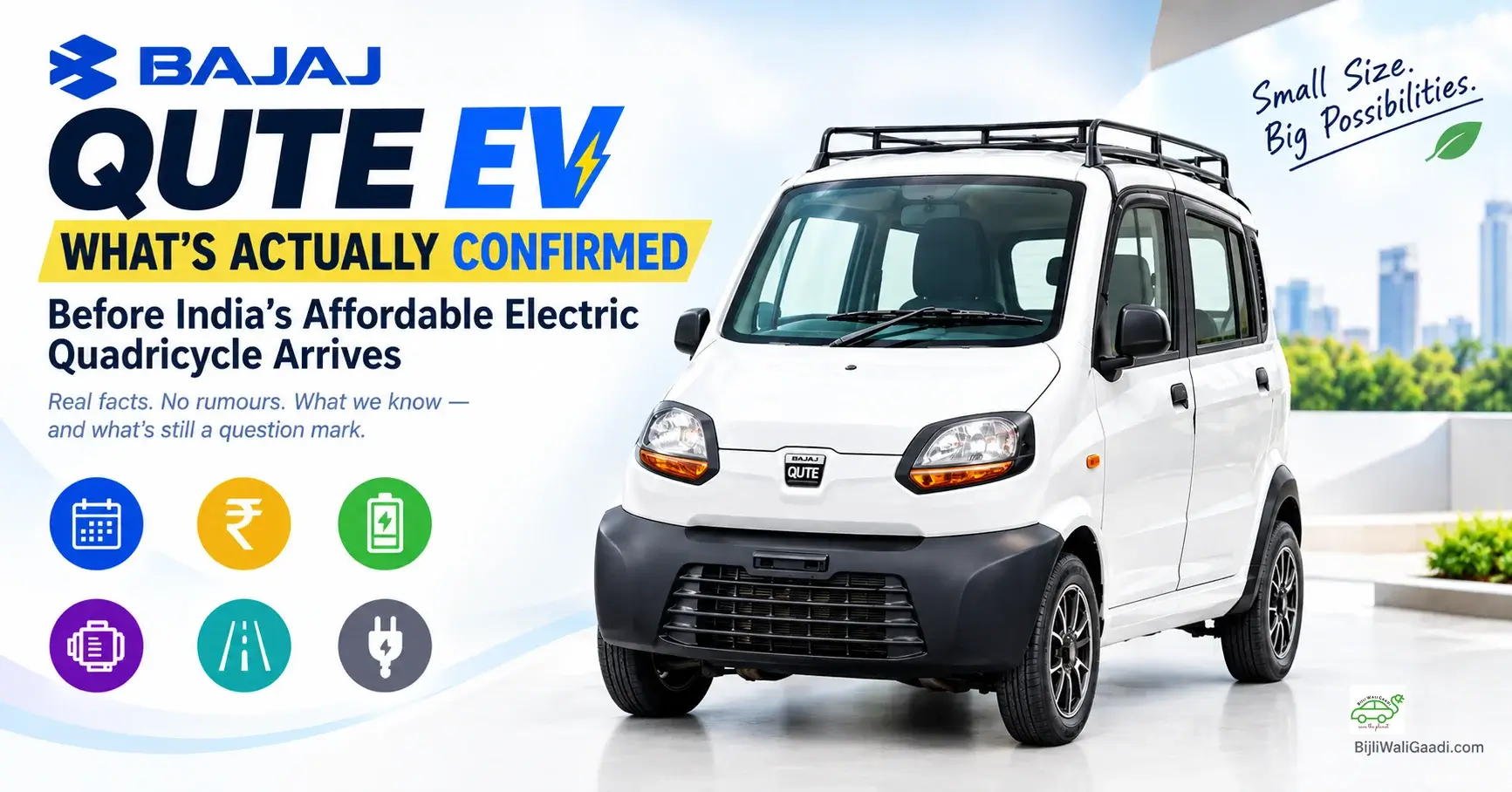 Infographic displaying a white Bajaj Qute electric quadricycle with a roof rack alongside icons representing launch date, price, battery specs, motor output, range, and charging.