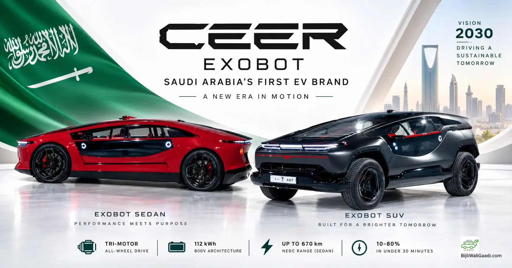 Infographic displaying Ceer Exobot red electric sedan and black electric SUV alongside Saudi Arabia flag, Vision 2030 slogan, and key performance specifications.
