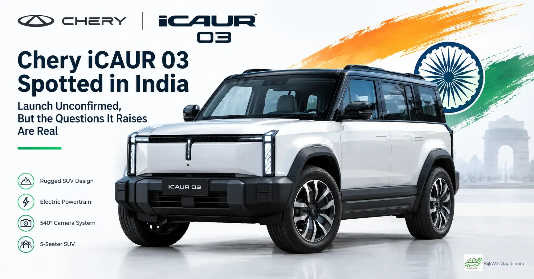 Infographic displaying a white Chery iCAUR 03 rugged electric SUV against an Indian flag background, detailing features like 540-degree camera systems, 5-seater layout, and electric powertrain.