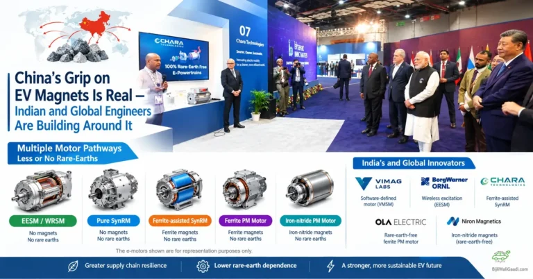 Infographic showing China's dominance in EV magnets alongside rare-earth-free motor technologies like EESM, Pure SynRM, Ferrite-assisted SynRM, Ferrite PM, and Iron-nitride PM, featuring innovators such as Chara Technologies, Vimag Labs, Ola Electric, and Niron Magnetics.