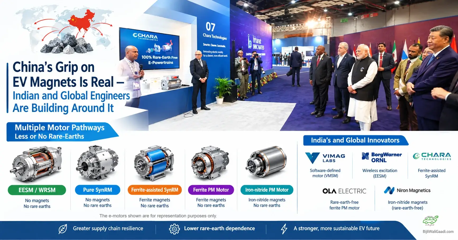 Infographic showing China's dominance in EV magnets alongside rare-earth-free motor technologies like EESM, Pure SynRM, Ferrite-assisted SynRM, Ferrite PM, and Iron-nitride PM, featuring innovators such as Chara Technologies, Vimag Labs, Ola Electric, and Niron Magnetics.