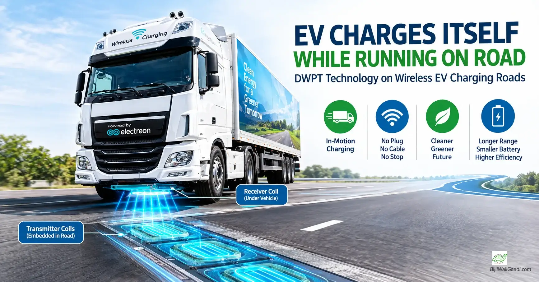 Electric truck receiving wireless power from coils embedded in a road while driving