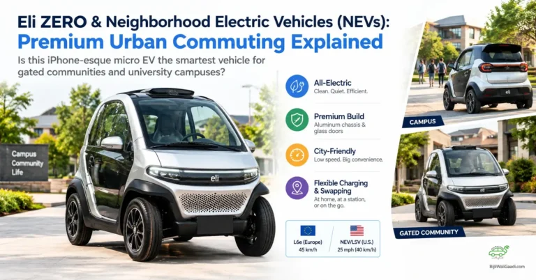 Infographic showing the Eli ZERO micro EV with key features including aluminum chassis, glass doors, and speed ratings for US NEV and EU L6e classifications.